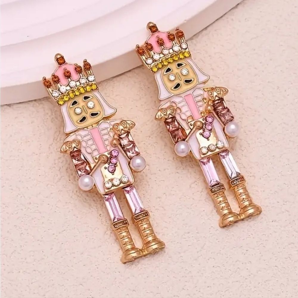 ♡♡♡ Pink & Gold Nutcracker Dangle Earrings | Crystal Rhinestone Statement